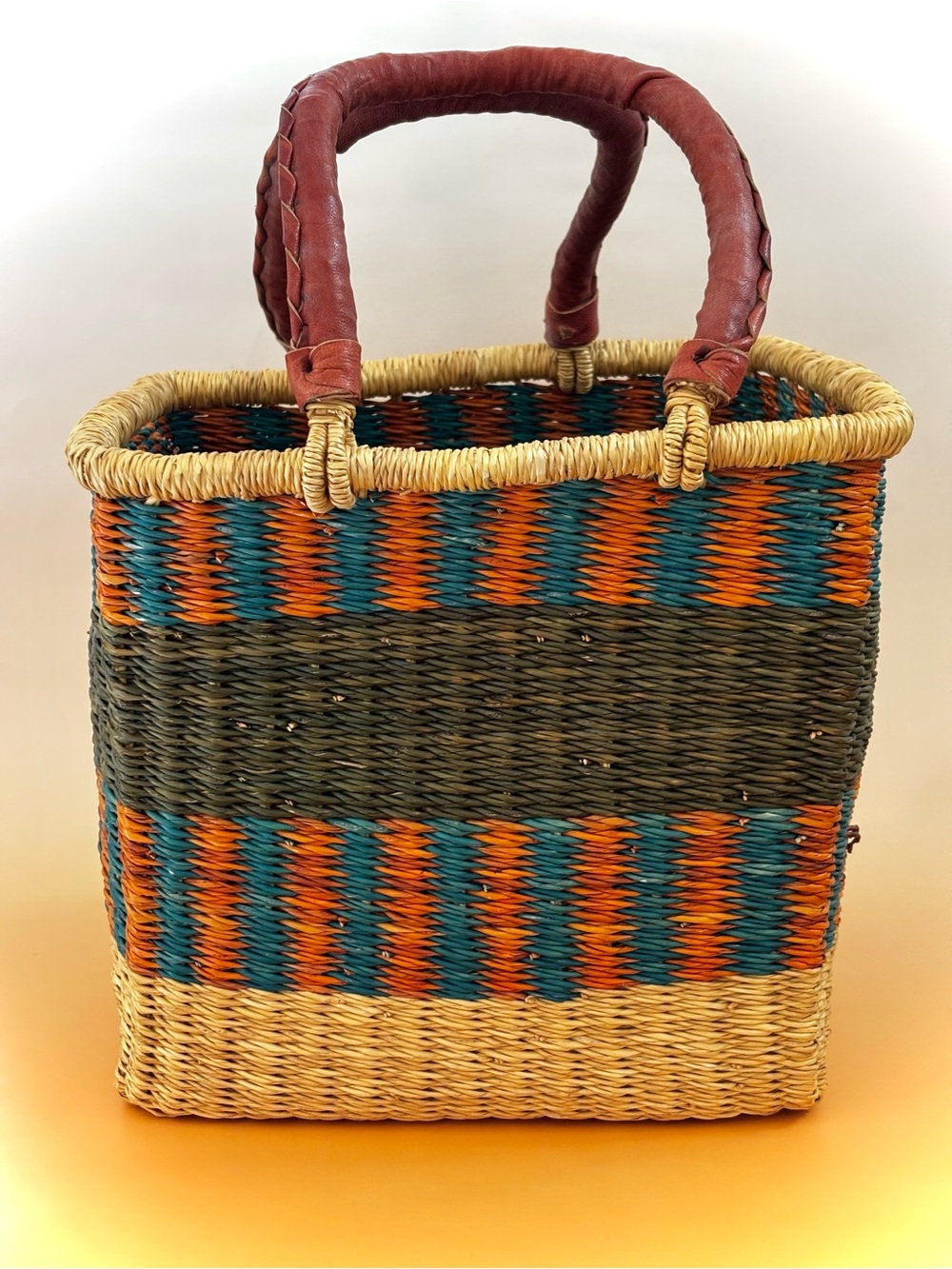 Woven Multi-Color African Straw Tote with Leather Handles